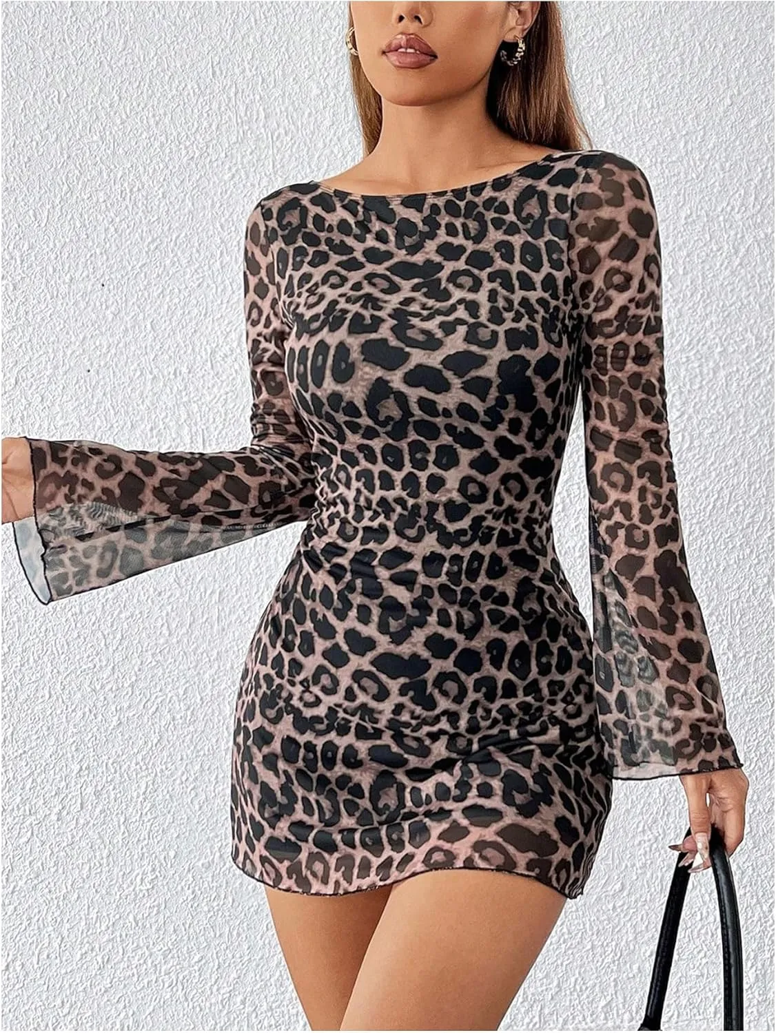 WDIRARA Women's Petite Leopard Print Boat Neck Dress Bell Long Sleeve Backless Mesh Bodycon Mini Dress