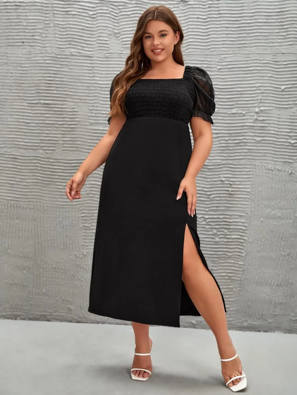 WDIRARA Women's Plus Size Square Neck Short Puff Sleeve Smocked Bodycon Long Dress
