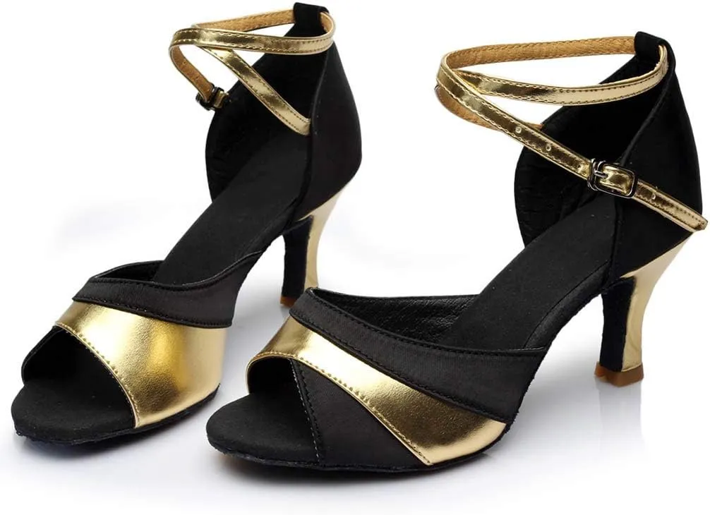 Women Ballroom Dancing Prom Fashion Shoes Ladies Latin Slsa Performance Gold Sparkly Singles Ankle Strap High Heels