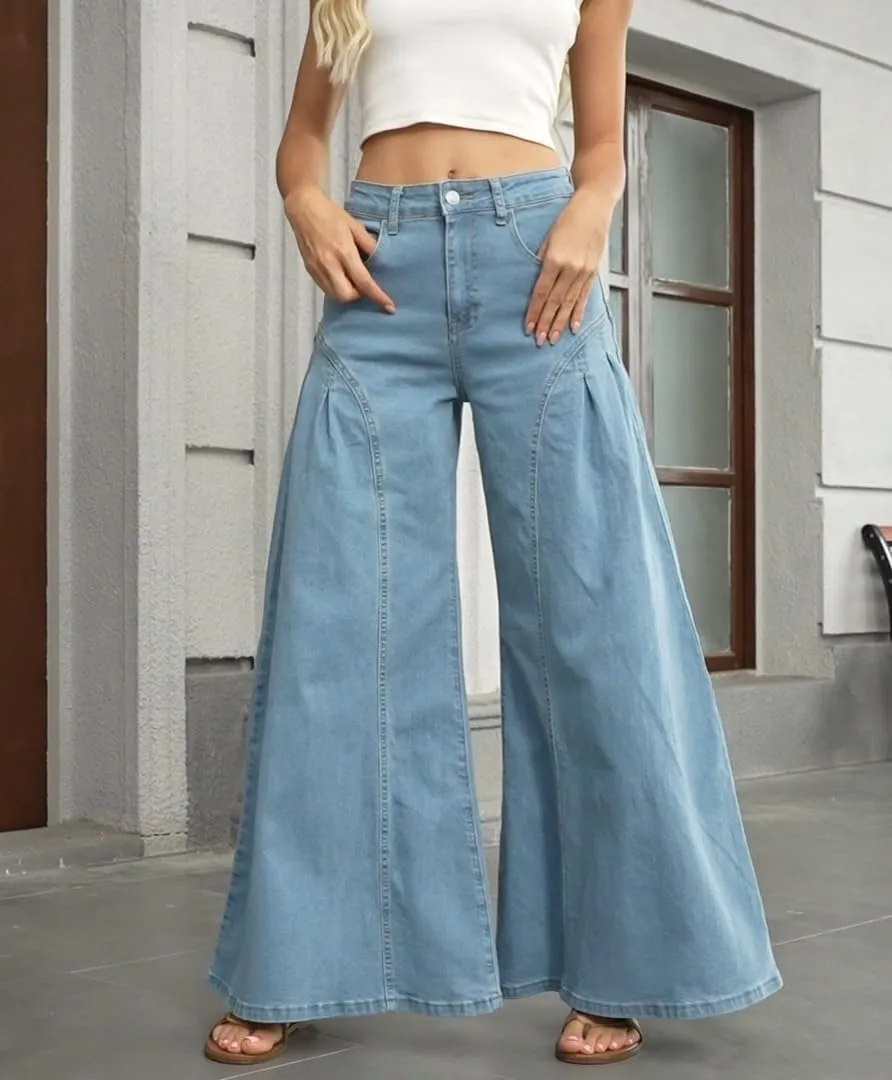 Women Bell Bottom Jeans High Waist Stretch Wide Leg Baggy Flared Pleated Vintage Casual Loose Denim Pants