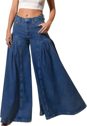 Women Bell Bottom Jeans High Waist Stretch Wide Leg Baggy Flared Pleated Vintage Casual Loose Denim Pants