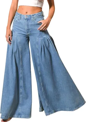 Women Bell Bottom Jeans High Waist Stretch Wide Leg Baggy Flared Pleated Vintage Casual Loose Denim Pants