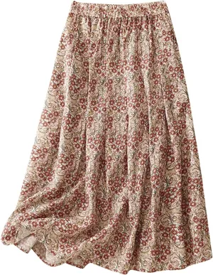Women Boho Floral A-Line Skirt Summer Flowy Pleated Midi Skirts Elastic High Waisted Casual Vacation Beach Skirt
