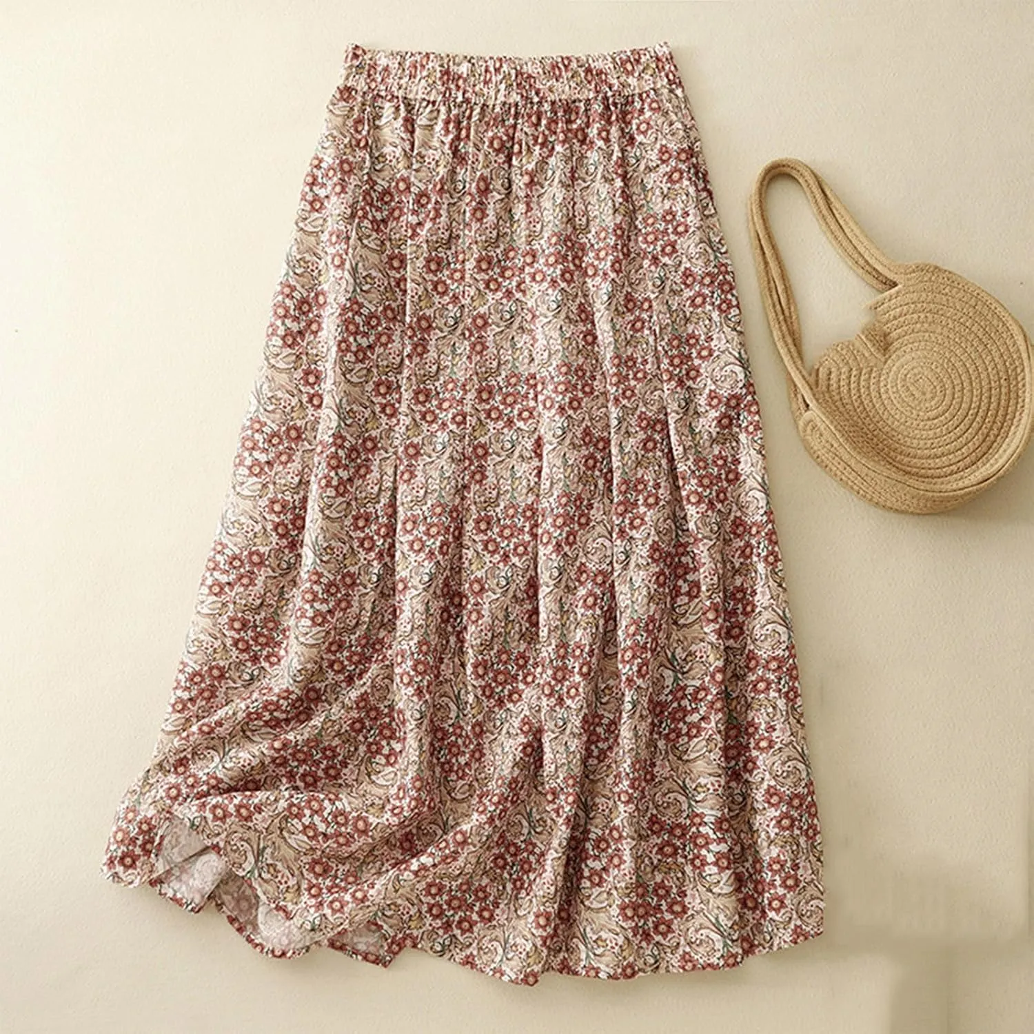 Women Boho Floral A-Line Skirt Summer Flowy Pleated Midi Skirts Elastic High Waisted Casual Vacation Beach Skirt