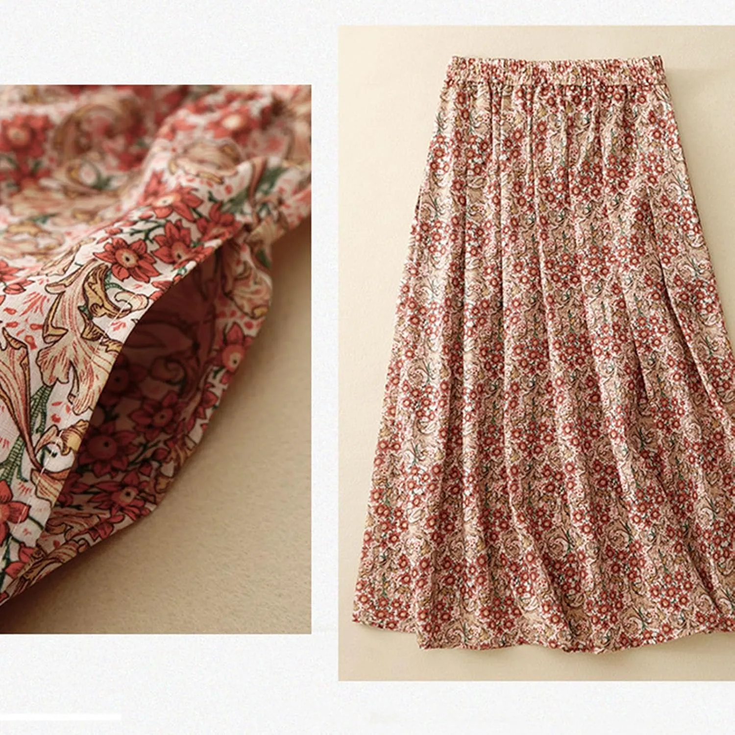 Women Boho Floral A-Line Skirt Summer Flowy Pleated Midi Skirts Elastic High Waisted Casual Vacation Beach Skirt