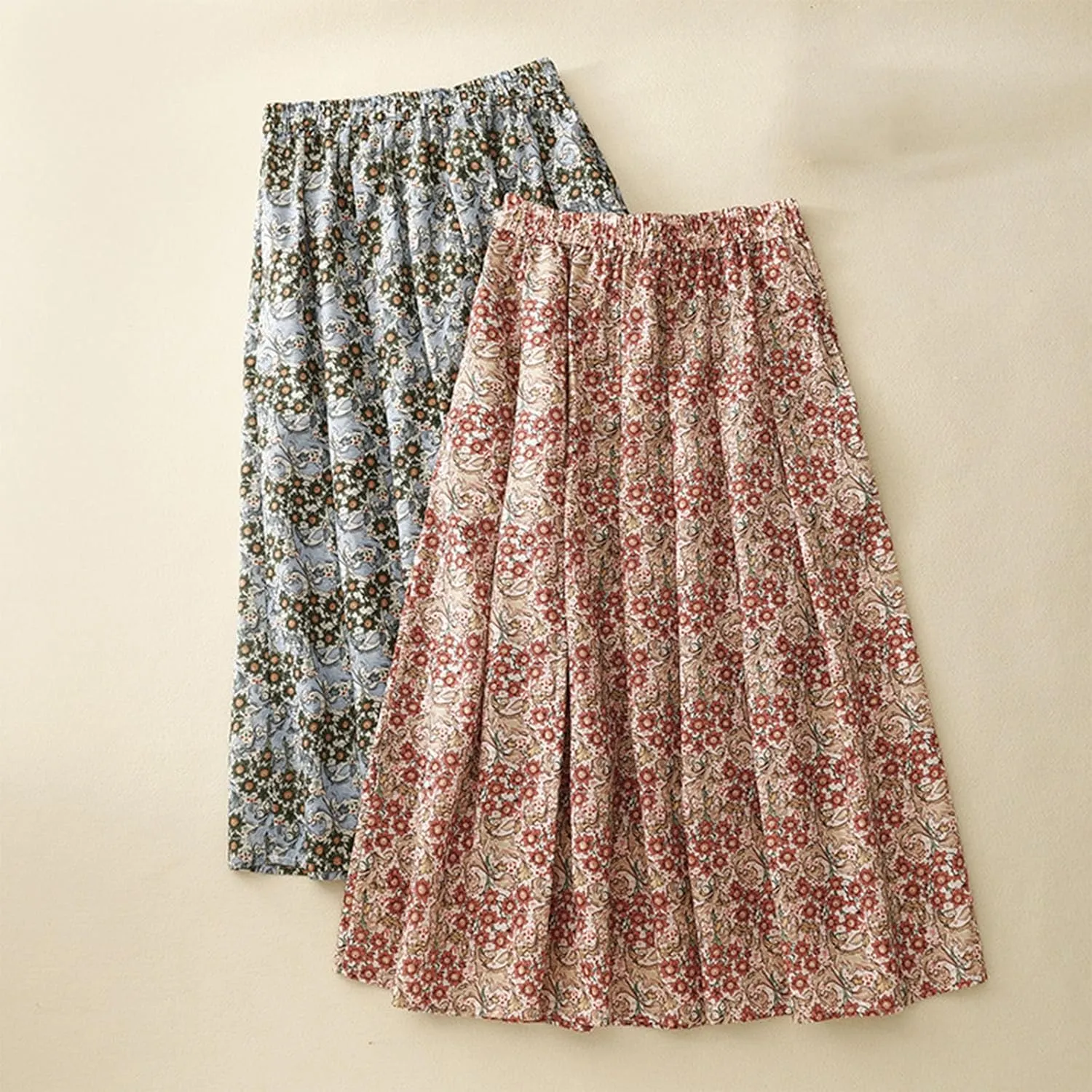 Women Boho Floral A-Line Skirt Summer Flowy Pleated Midi Skirts Elastic High Waisted Casual Vacation Beach Skirt