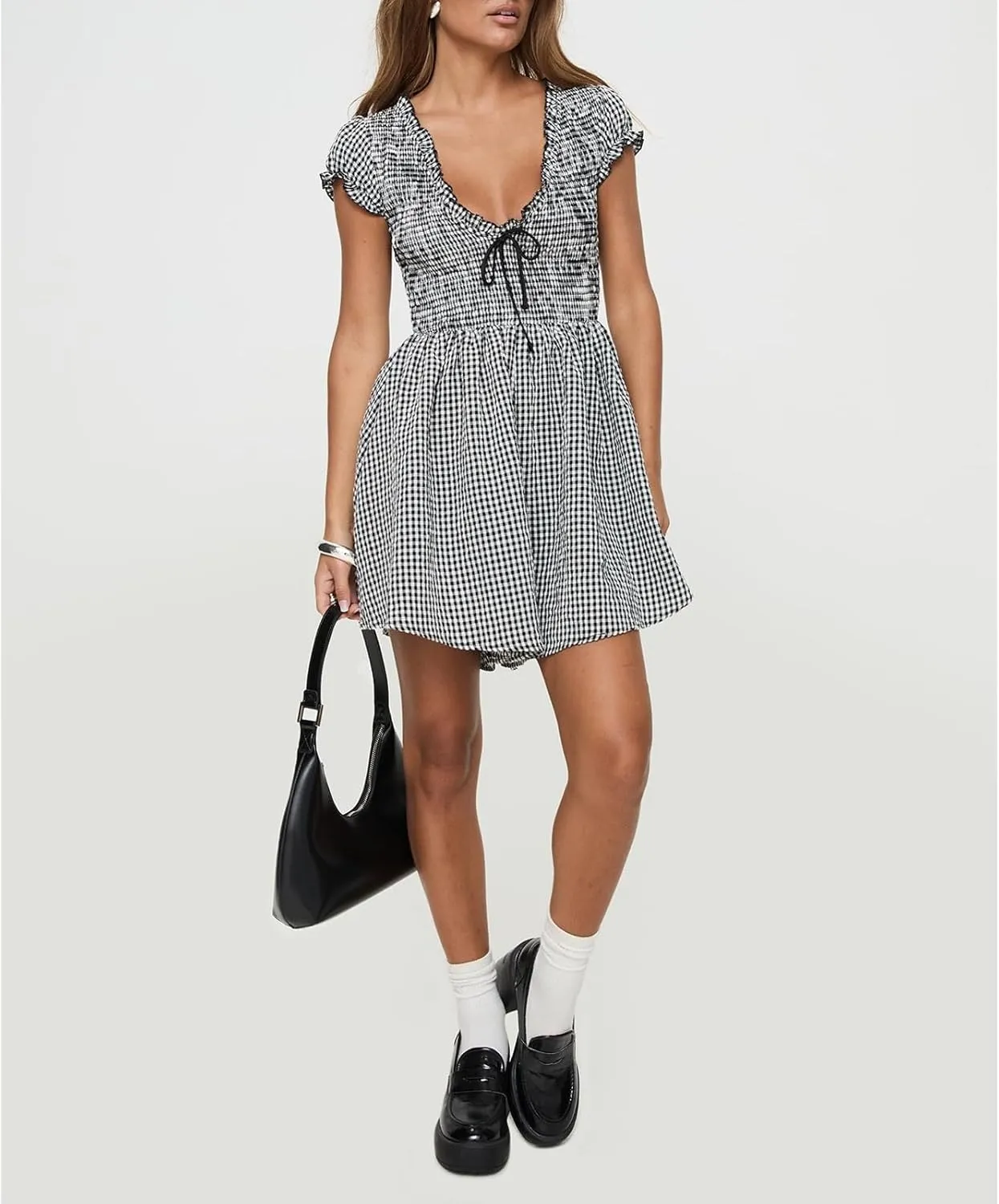 Women Boho Floral Puff Short Sleeve Smocked Ruffle Mini Dress Y2k Square Neck Backless Flowy Babydoll Dresses