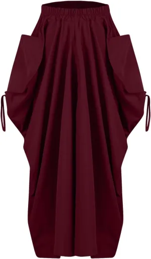 Women Boho Maxi Skirt Elastic High Waist Stretch Long Skirt Casual Y2k Fashion Cargo Skirt with Two Side Pockets