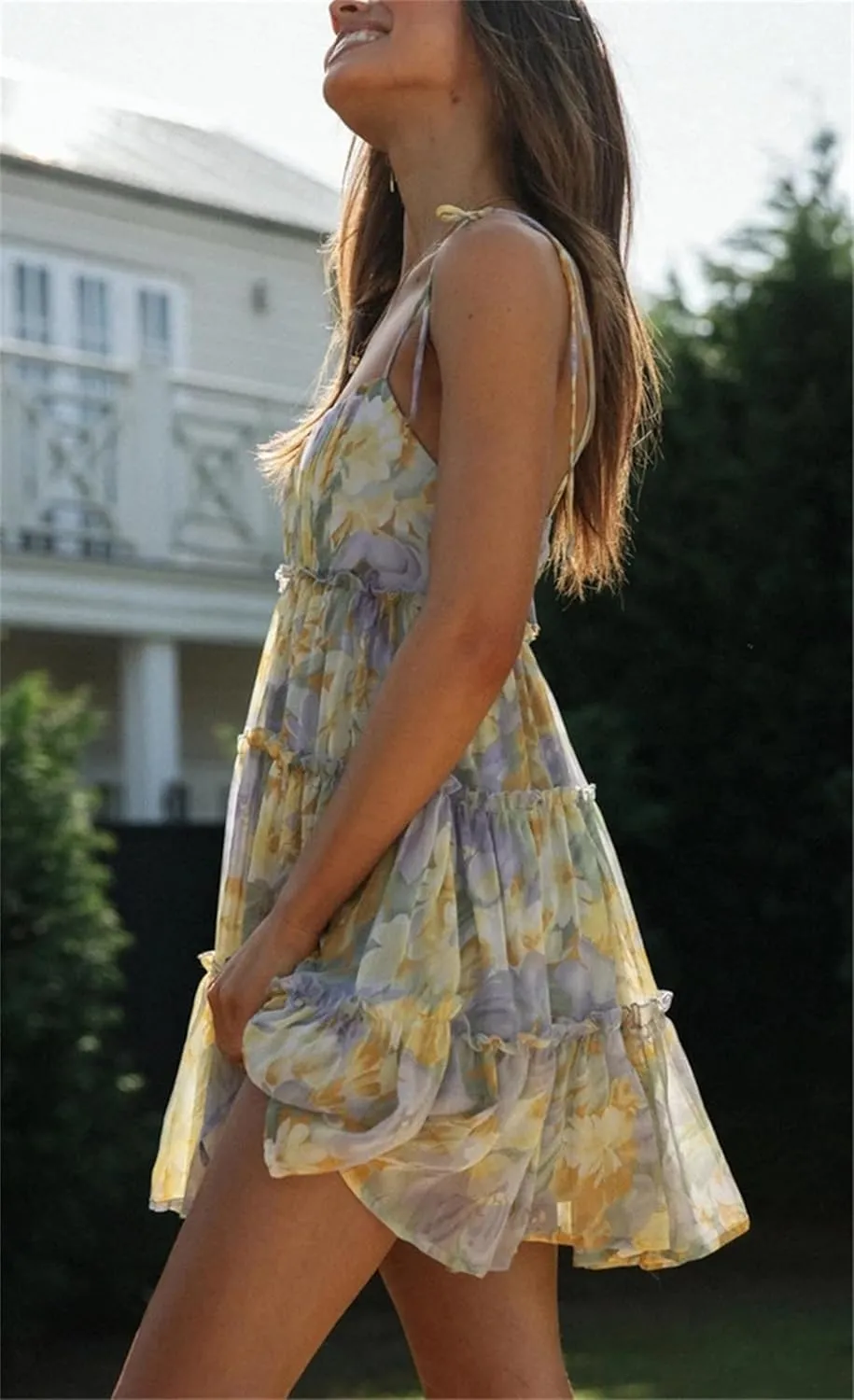 Women Floral Mini Dress Spaghetti Strap Ruffle Tiered Dress, Casual Summer Strap Tiered Ruffle Flowy Chiffon Boho Sundress