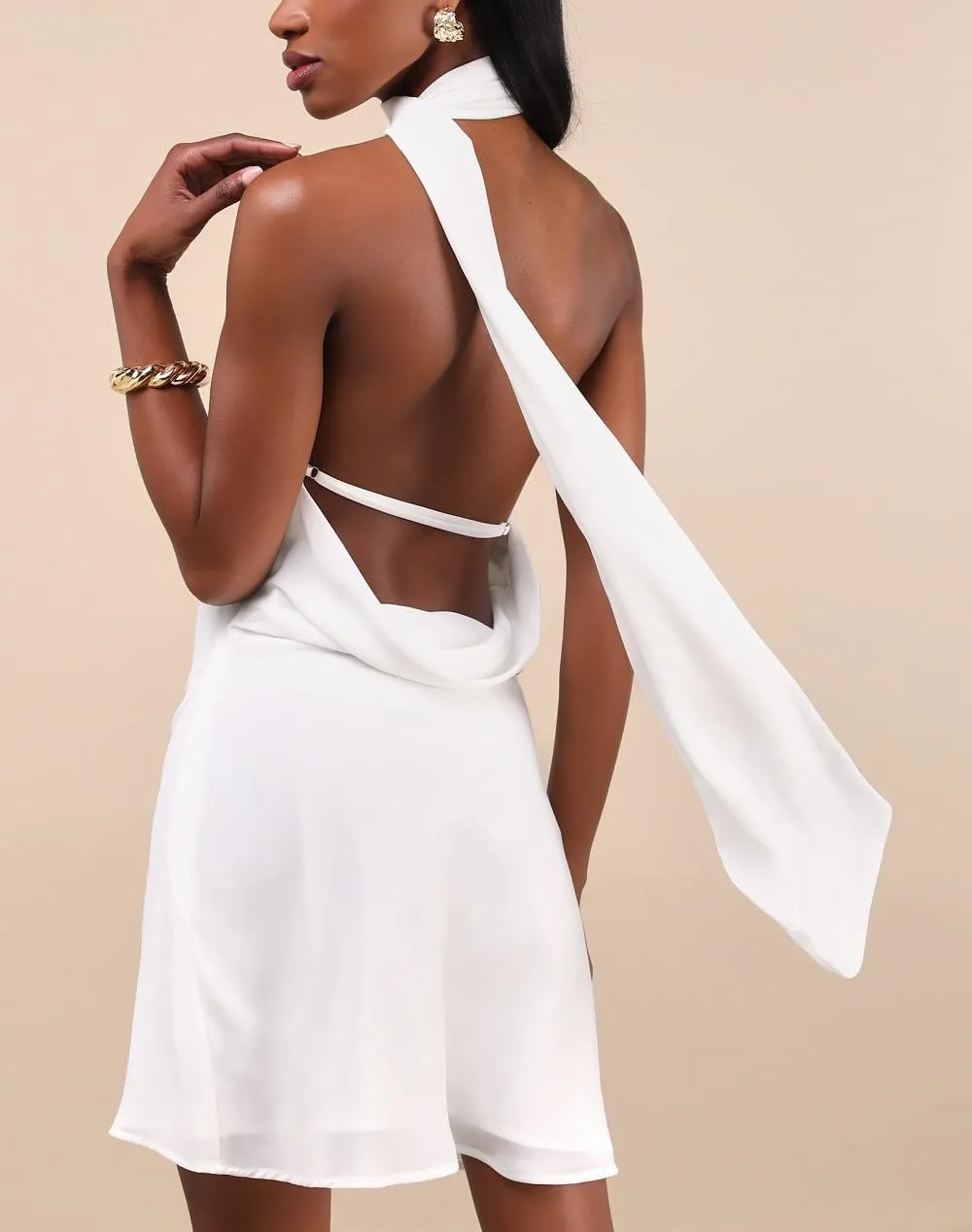 Women Halter Neck Mini Bodycon Dress with Scarf Sexy Backless Silk Satin Short Dress Club Party Dresses