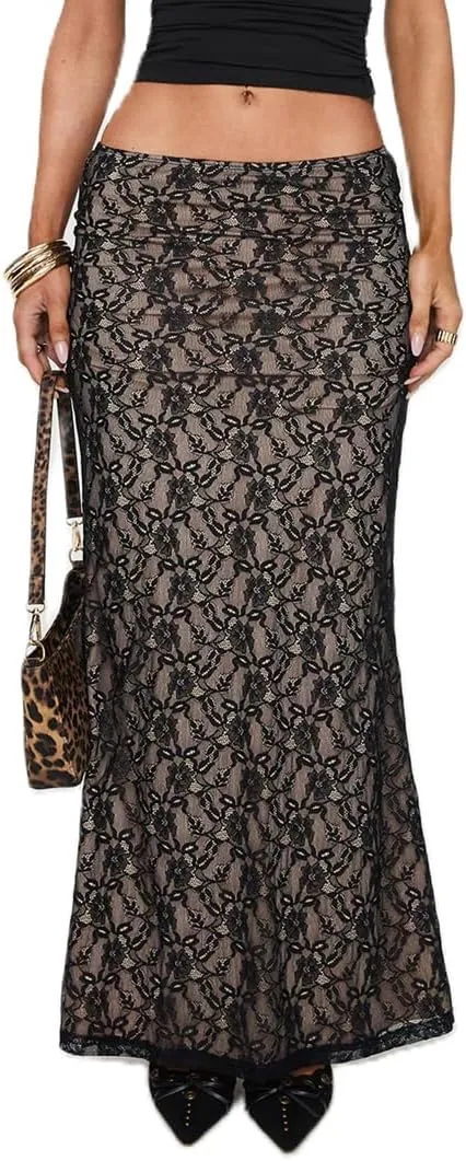 Women Lace Maxi Skirt Y2K Sexy Low Waist Sheer Mesh A-Line Long Skirt Slim Fit Floral Beach Cover Up Fairy Streatwear