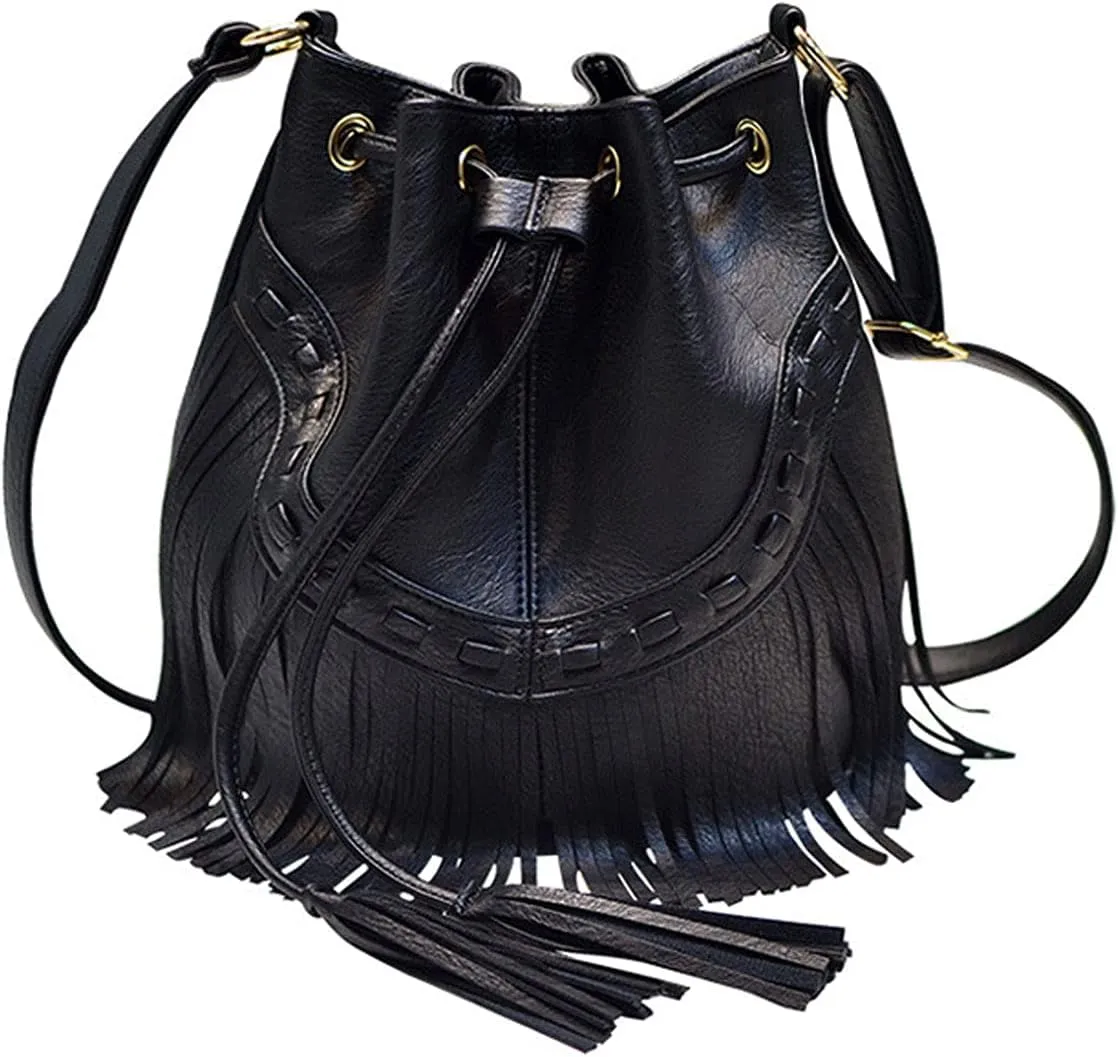Women Leather Fringe Bucket Bags Hobo Crossbody Tassel Shoulder Bags Purse, Gift for Women