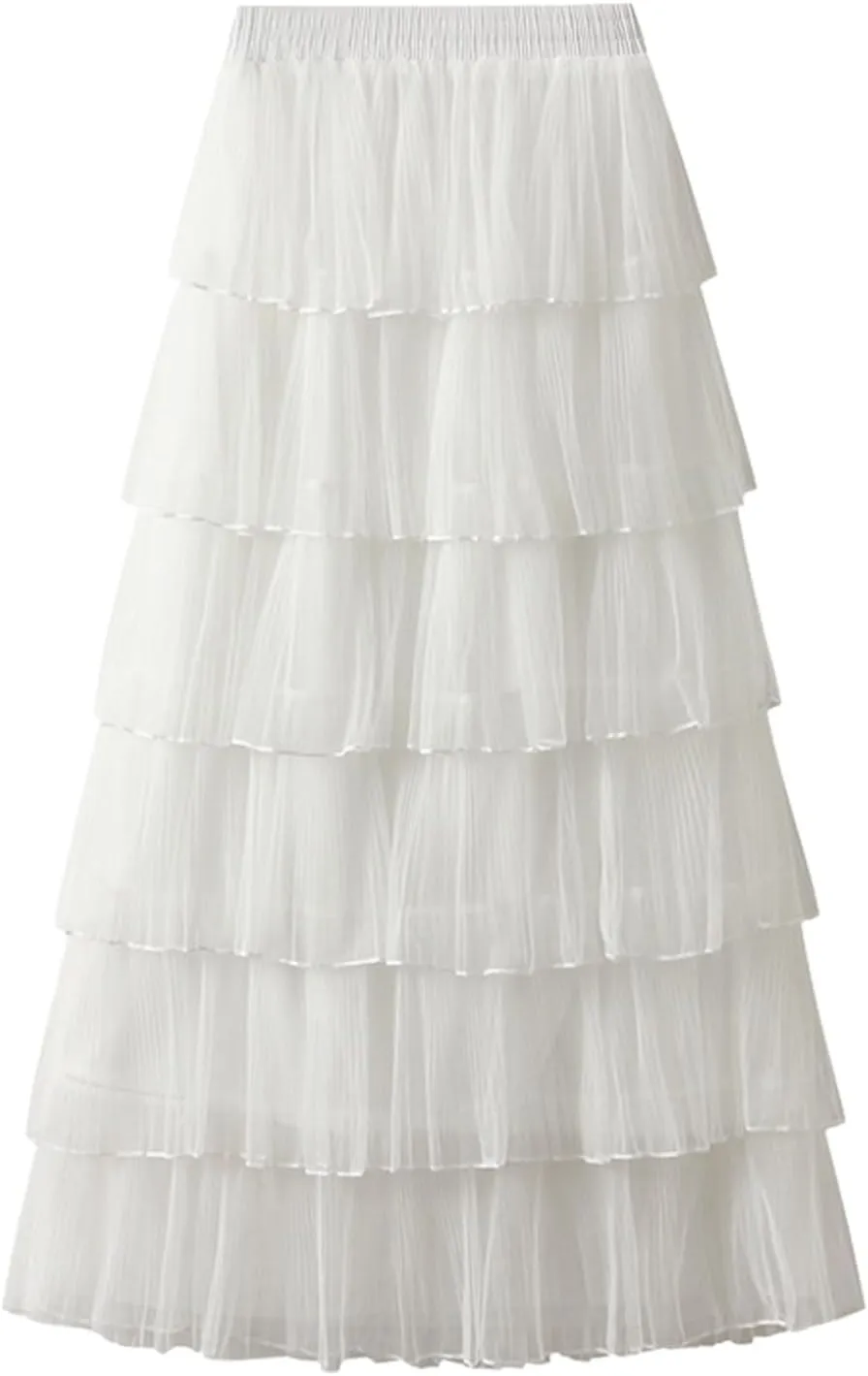 Women Mid Length Skirt Dance Party A Line High Waisted Tulle Tiered Skirt Holiday Party Little Girls Leather