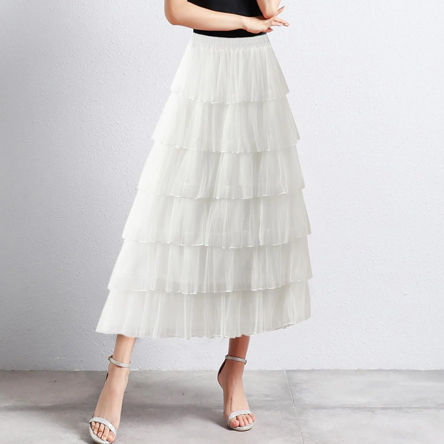 Women Mid Length Skirt Dance Party A Line High Waisted Tulle Tiered Skirt Holiday Party Little Girls Leather