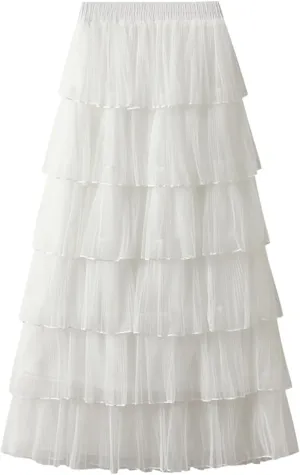 Women Mid Length Skirt Dance Party A Line High Waisted Tulle Tiered Skirt Holiday Party Little Girls Leather