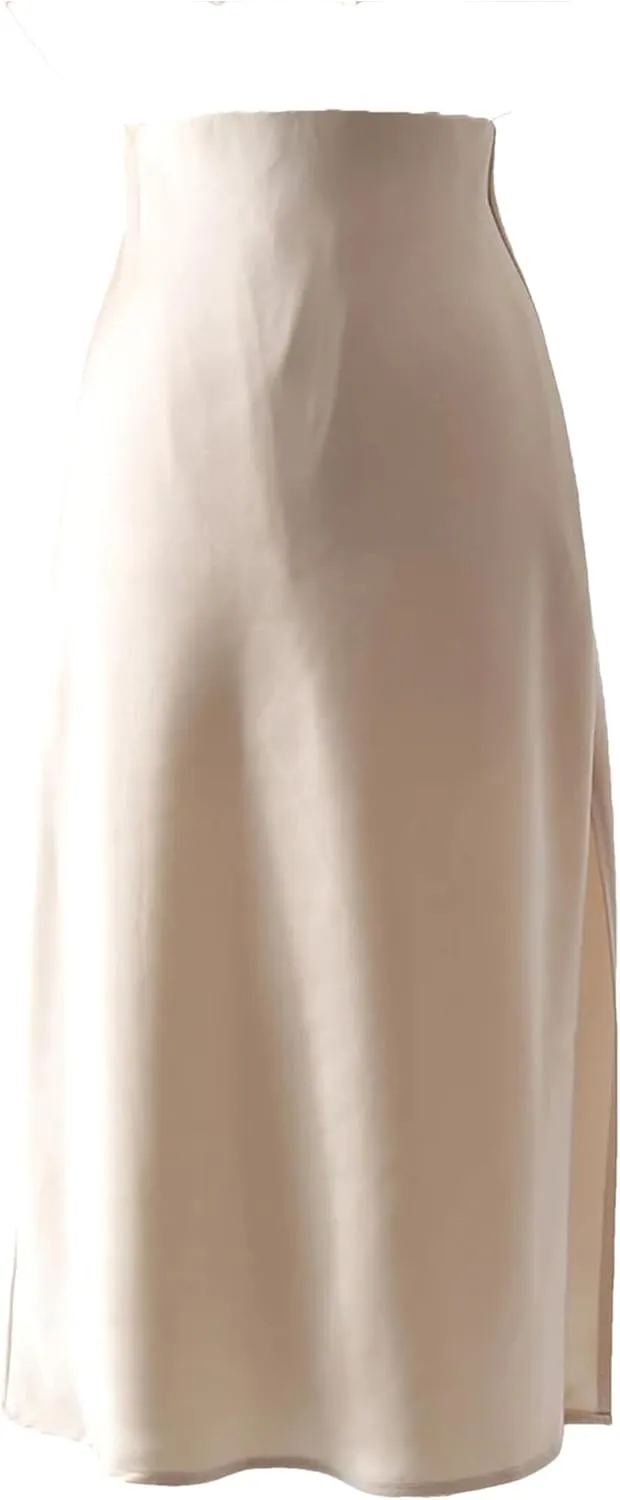 Women Office Midi Skirts High Waist Elegant Silk Skirt Ladies Solid Satin Skirt with Slit On The Side