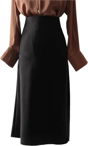 Women Office Midi Skirts High Waist Elegant Silk Skirt Ladies Solid Satin Skirt with Slit On The Side