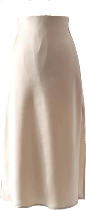 Women Office Midi Skirts High Waist Elegant Silk Skirt Ladies Solid Satin Skirt with Slit On The Side