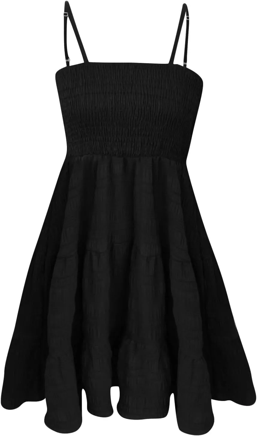 Women Summer Dresses Square Neck Spaghetti Strap Dress Casual Sleeveless Smocked Sundress A Line Tiered Beach Dress