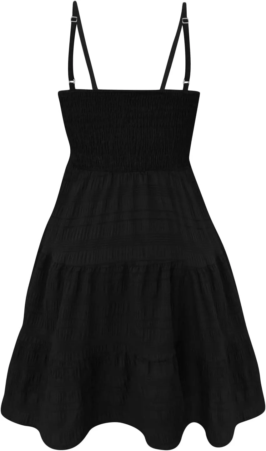 Women Summer Dresses Square Neck Spaghetti Strap Dress Casual Sleeveless Smocked Sundress A Line Tiered Beach Dress