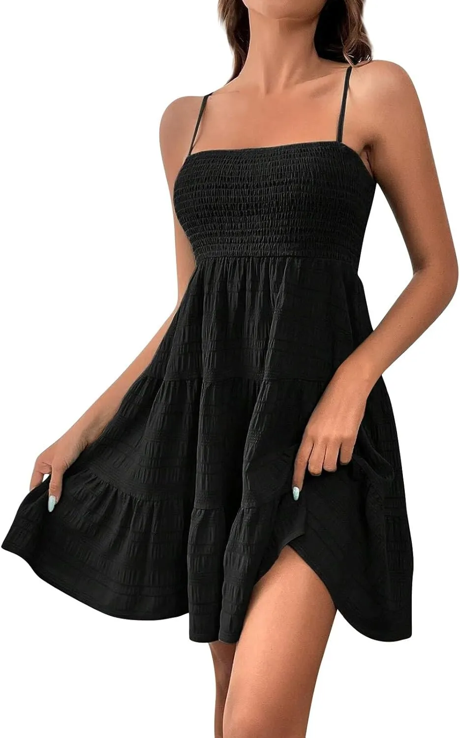 Women Summer Dresses Square Neck Spaghetti Strap Dress Casual Sleeveless Smocked Sundress A Line Tiered Beach Dress