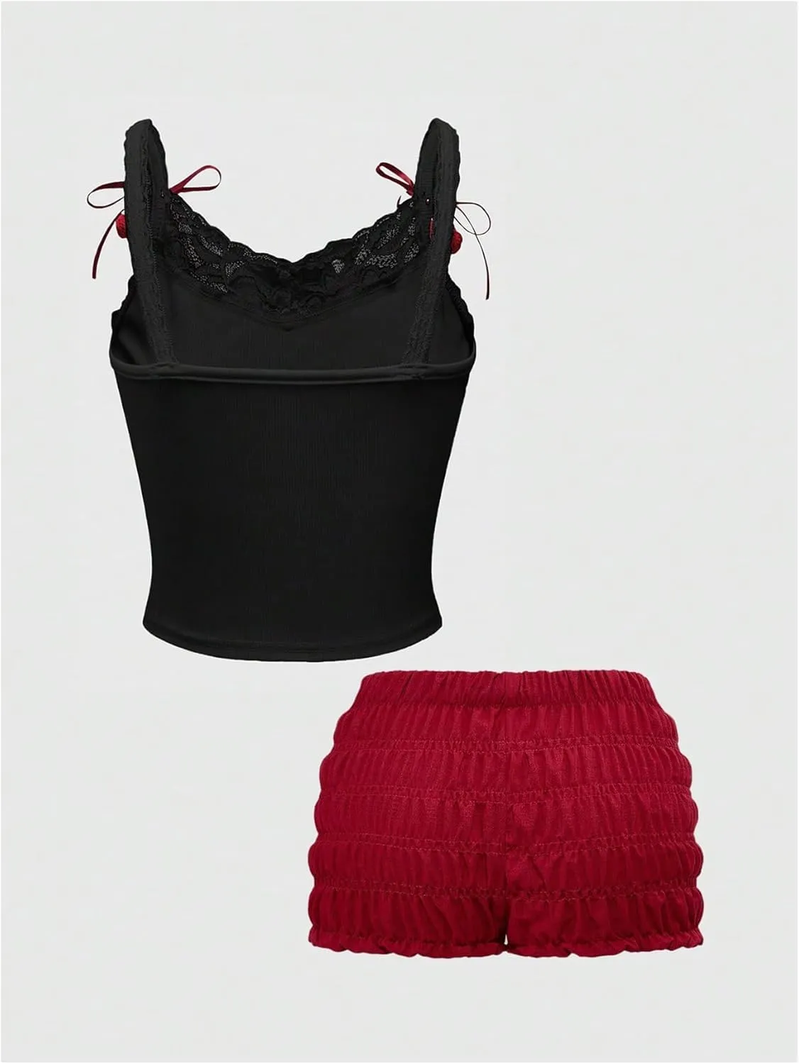 Women's 2 Piece Outfits Cherry Print Bow Lace Trim Camisole Crop Tops and Bloomers Shorts Set
