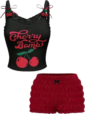 Women's 2 Piece Outfits Cherry Print Bow Lace Trim Camisole Crop Tops and Bloomers Shorts Set