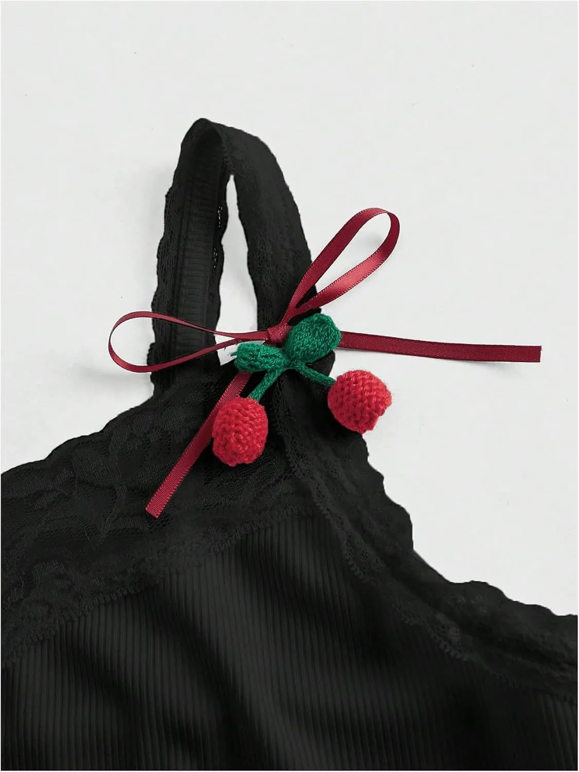 Women's 2 Piece Outfits Cherry Print Bow Lace Trim Camisole Crop Tops and Bloomers Shorts Set