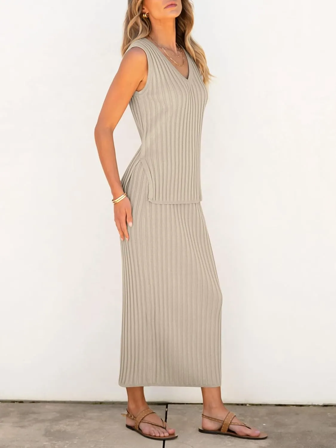 Women's 2 Piece Outfits Summer Sweater Skirt Sets Casual Sleeveless V Neck Ribbed Vest Knit Tops Midi Dress