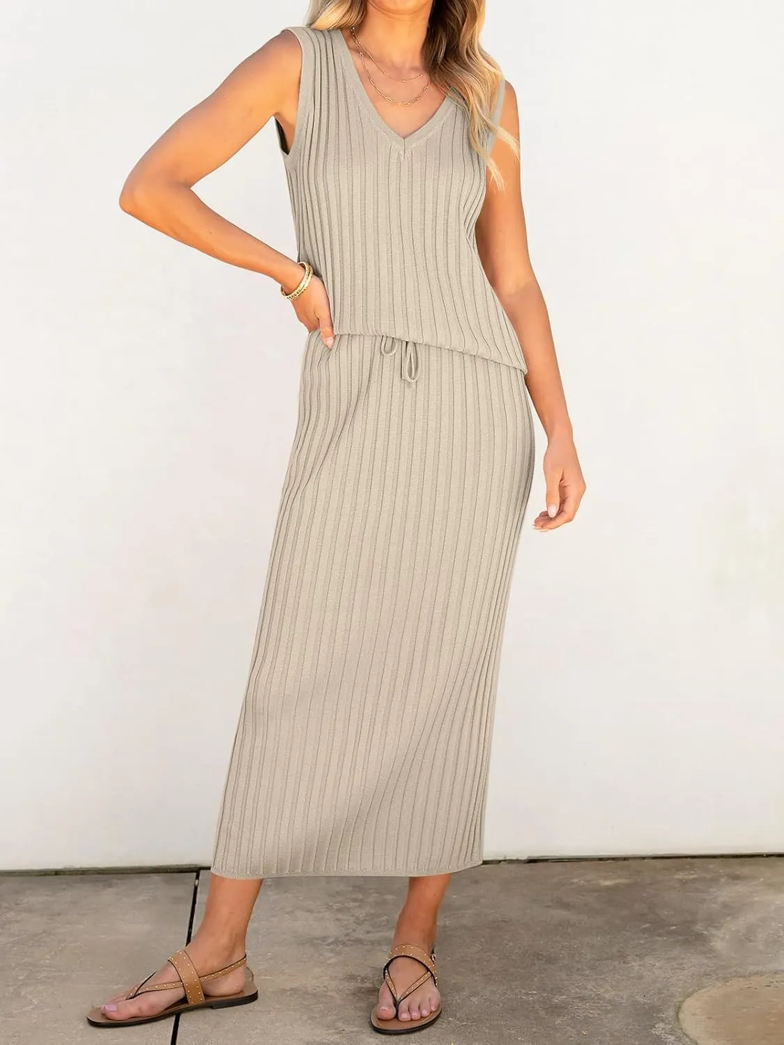 Women's 2 Piece Outfits Summer Sweater Skirt Sets Casual Sleeveless V Neck Ribbed Vest Knit Tops Midi Dress