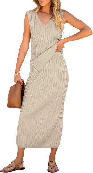 Women's 2 Piece Outfits Summer Sweater Skirt Sets Casual Sleeveless V Neck Ribbed Vest Knit Tops Midi Dress