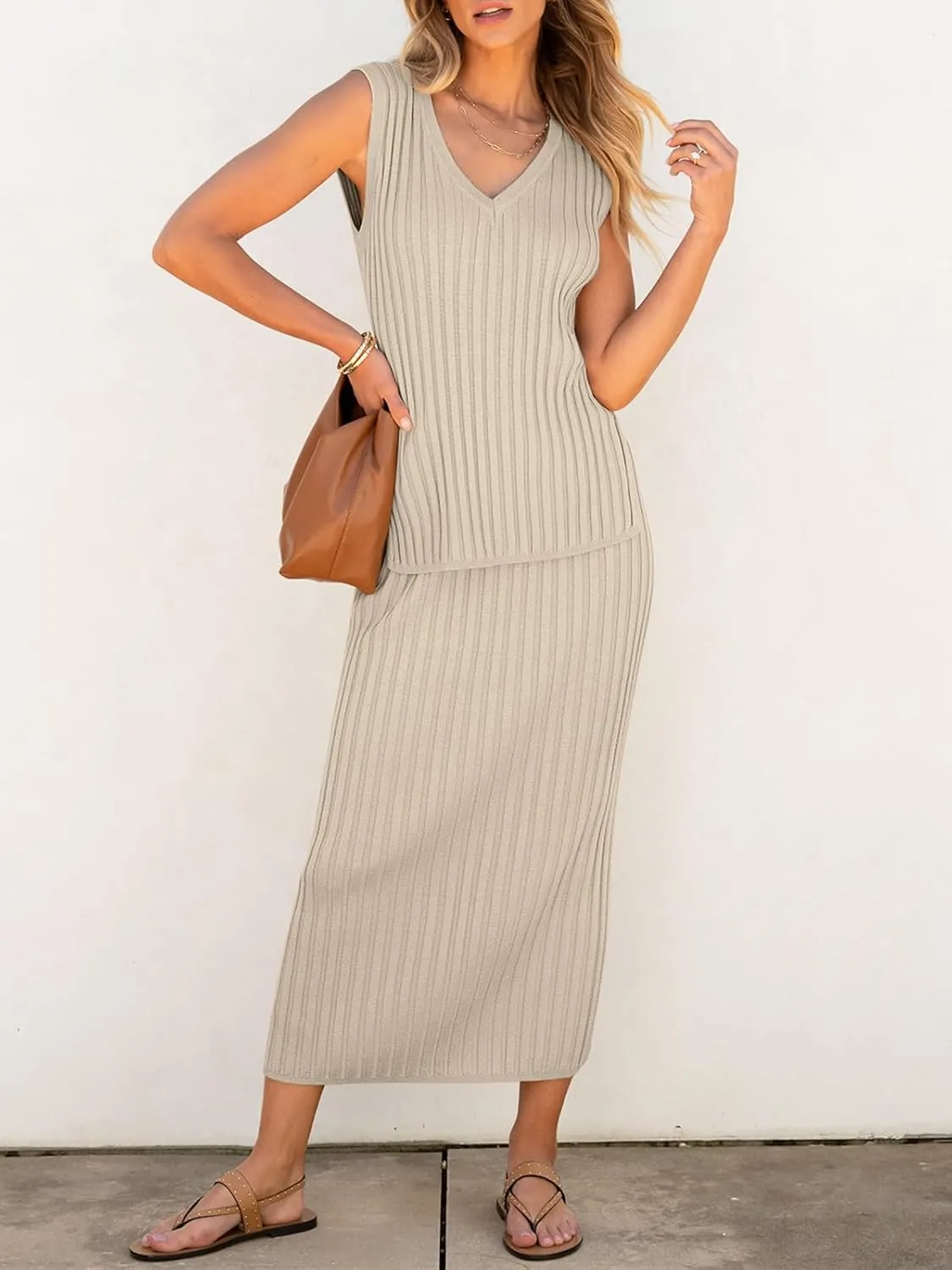 Women's 2 Piece Outfits Summer Sweater Skirt Sets Casual Sleeveless V Neck Ribbed Vest Knit Tops Midi Dress