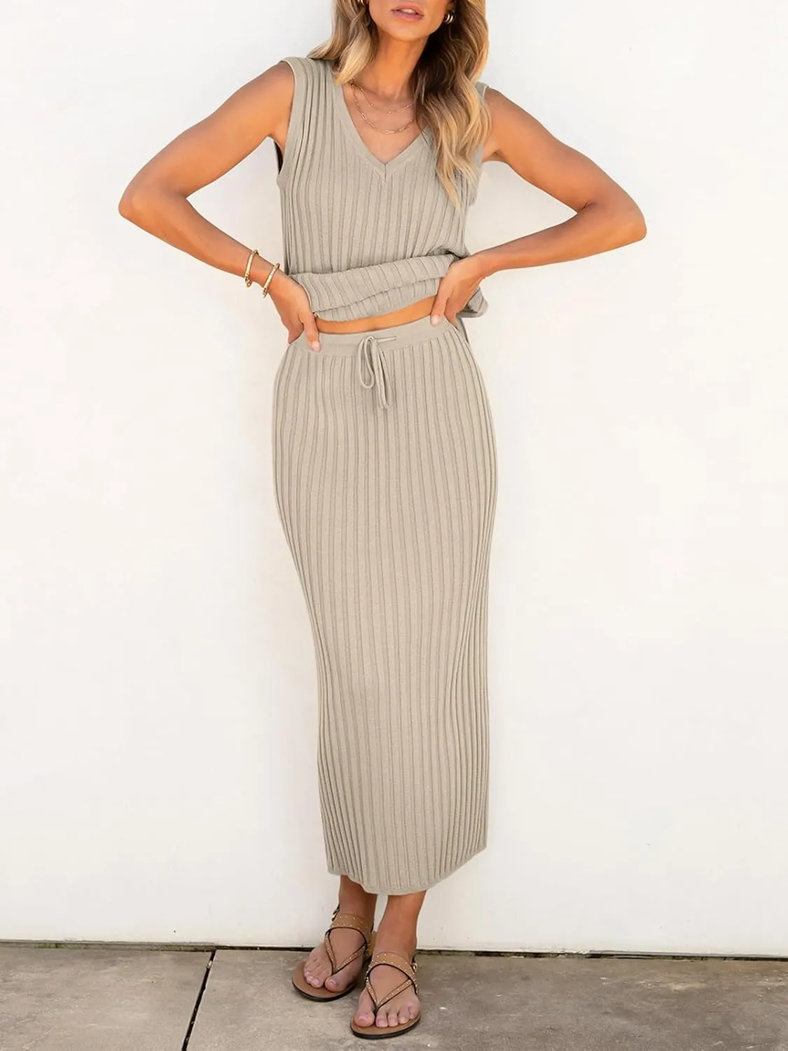 Women's 2 Piece Outfits Summer Sweater Skirt Sets Casual Sleeveless V Neck Ribbed Vest Knit Tops Midi Dress