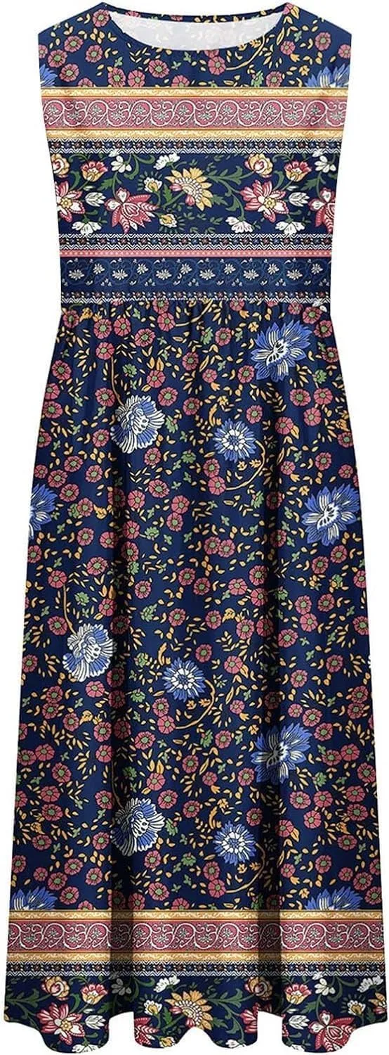 Women's Boho Floral Sleeveless Maxi Sundress Casual Loose Summer Beach Vacation Flowy Tank Dress with Pockets