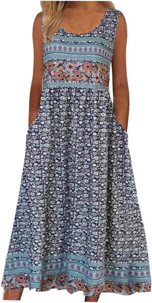 Women's Boho Floral Sleeveless Maxi Sundress Casual Loose Summer Beach Vacation Flowy Tank Dress with Pockets