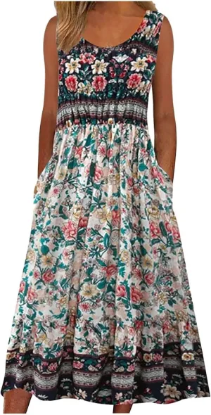 Women's Boho Floral Sleeveless Maxi Sundress Casual Loose Summer Beach Vacation Flowy Tank Dress with Pockets