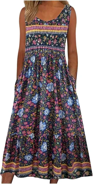 Women's Boho Floral Sleeveless Maxi Sundress Casual Loose Summer Beach Vacation Flowy Tank Dress with Pockets