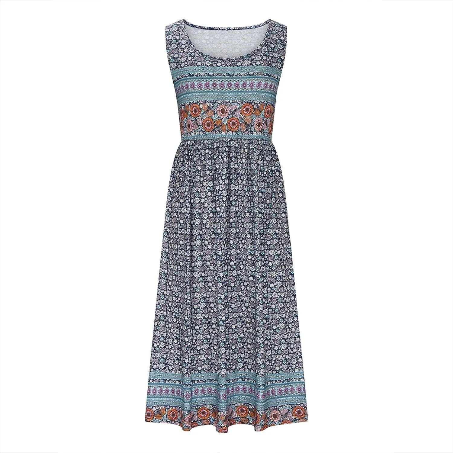 Women's Boho Floral Sleeveless Maxi Sundress Casual Loose Summer Beach Vacation Flowy Tank Dress with Pockets