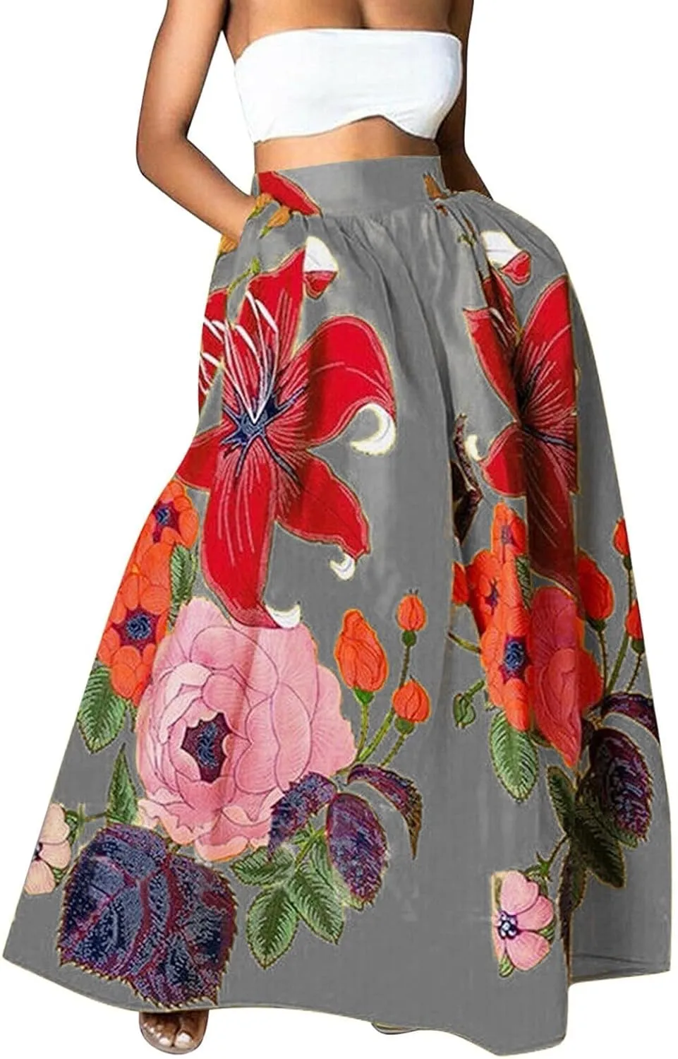 Womens Casual High Waist Skirts Vintage Boho Floral Print Loose Fit Pleated Swing Flowy Long Maxi Skirt with Pockets