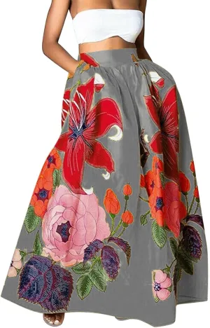 Womens Casual High Waist Skirts Vintage Boho Floral Print Loose Fit Pleated Swing Flowy Long Maxi Skirt with Pockets