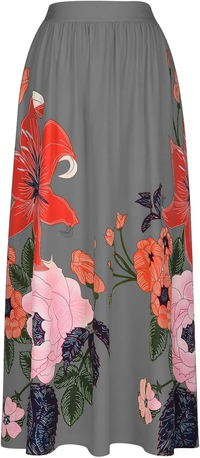 Womens Casual High Waist Skirts Vintage Boho Floral Print Loose Fit Pleated Swing Flowy Long Maxi Skirt with Pockets