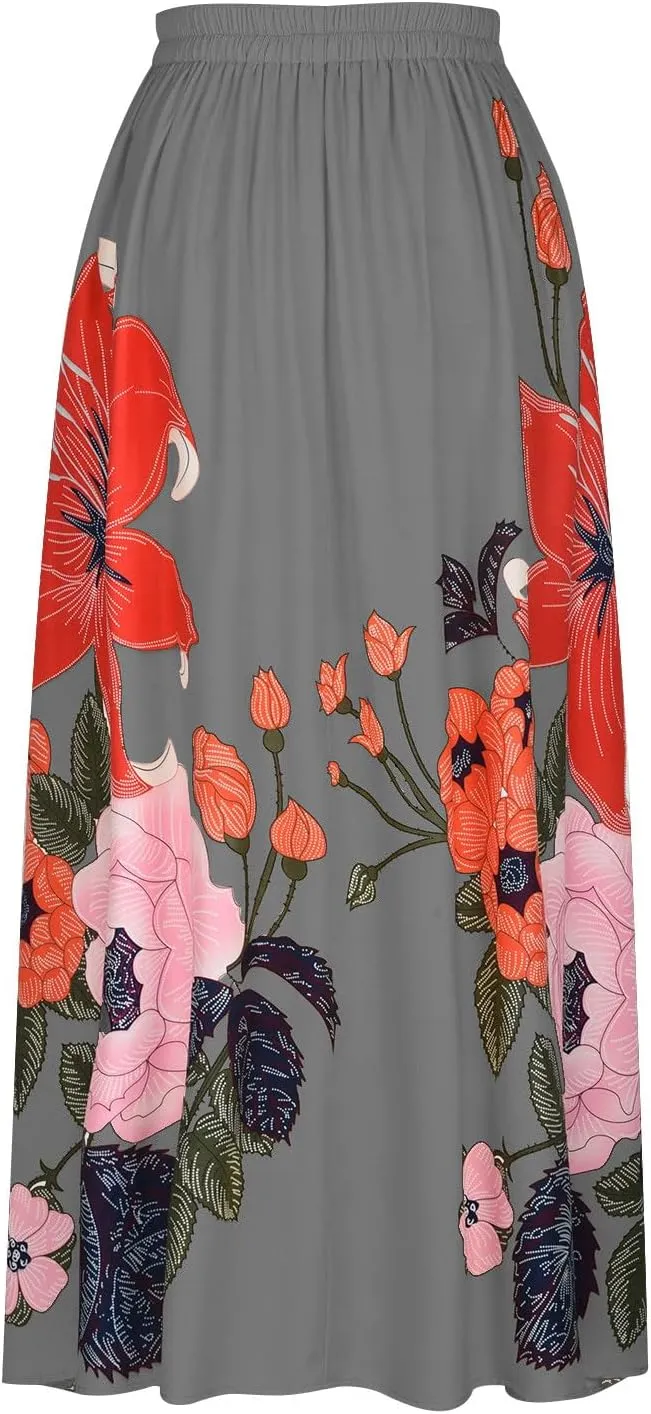 Womens Casual High Waist Skirts Vintage Boho Floral Print Loose Fit Pleated Swing Flowy Long Maxi Skirt with Pockets