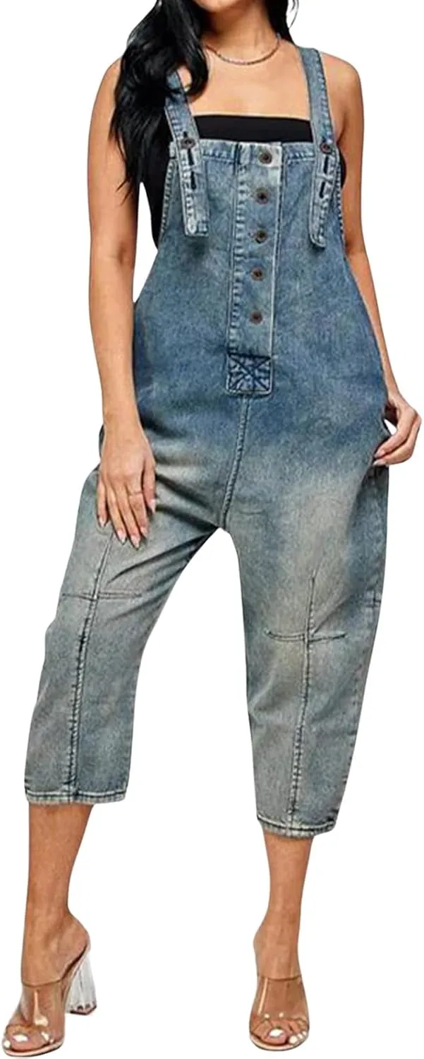 Women's Casual Loose Button Down Denim Jumpsuit Overalls Sleeveless Crop Harem Denim Pants Rompers