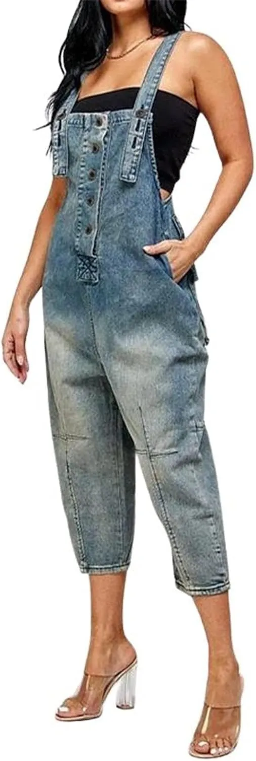 Women's Casual Loose Button Down Denim Jumpsuit Overalls Sleeveless Crop Harem Denim Pants Rompers