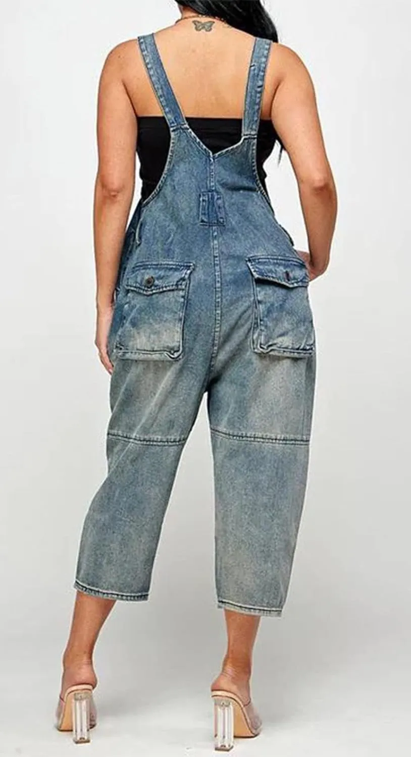 Women's Casual Loose Button Down Denim Jumpsuit Overalls Sleeveless Crop Harem Denim Pants Rompers