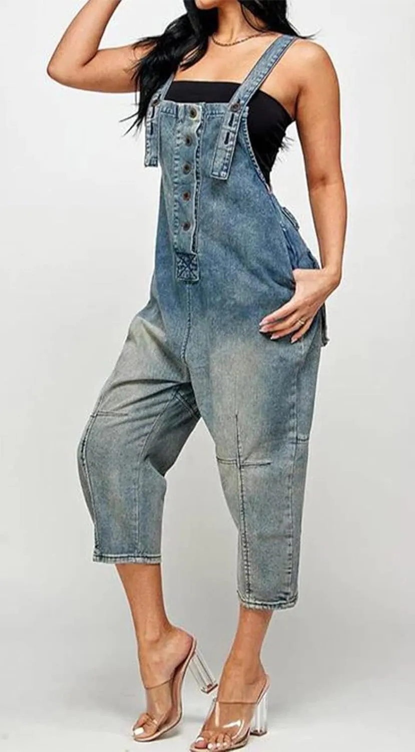Women's Casual Loose Button Down Denim Jumpsuit Overalls Sleeveless Crop Harem Denim Pants Rompers