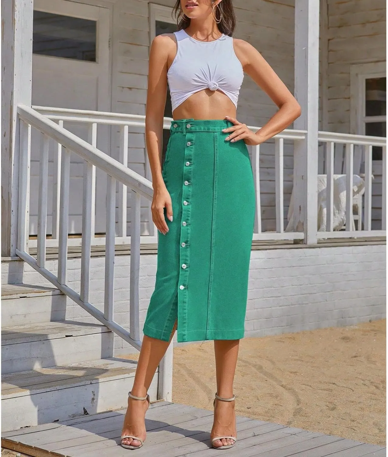 Women's Casual Slit Denim Midi Jean Skirt Stretch High Waisted Button Up Dress