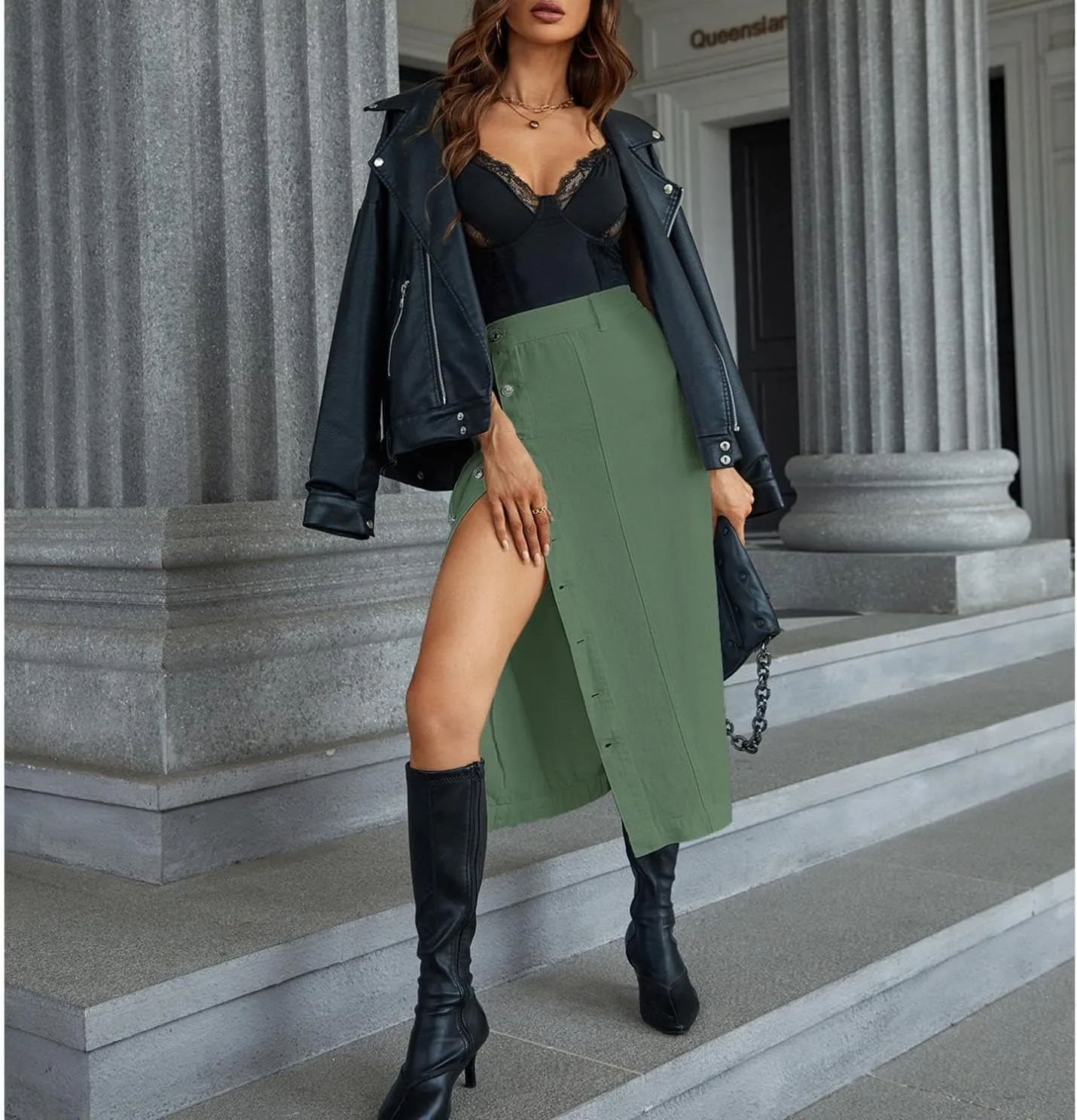 Women's Casual Slit Denim Midi Jean Skirt Stretch High Waisted Button Up Dress
