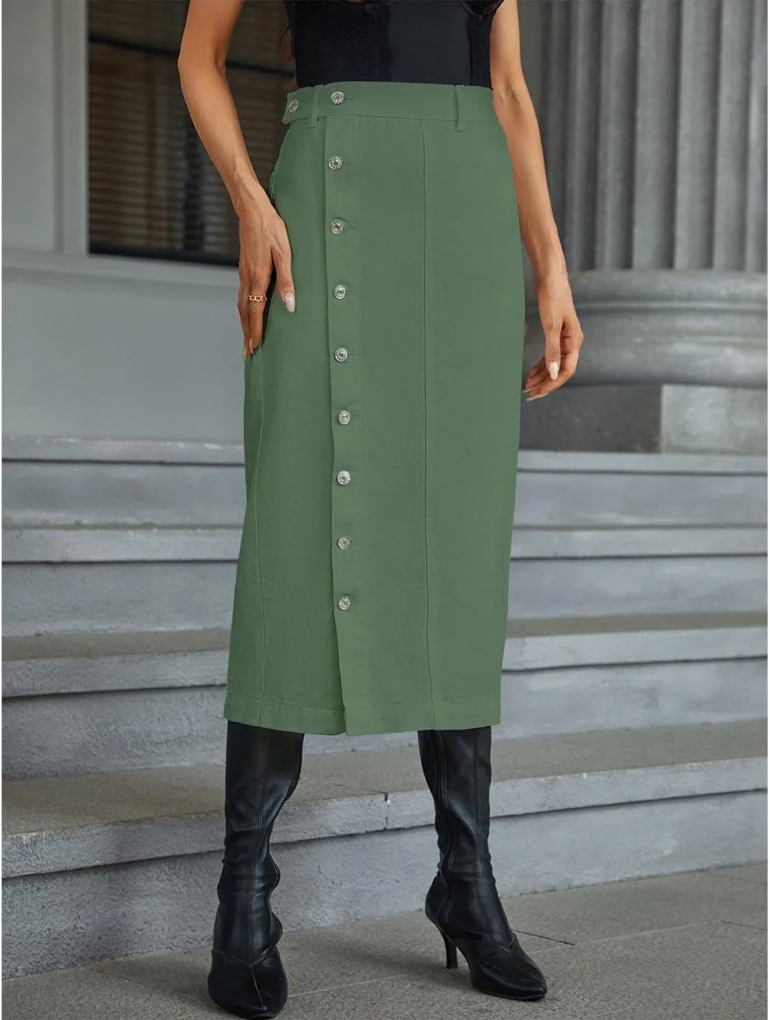 Women's Casual Slit Denim Midi Jean Skirt Stretch High Waisted Button Up Dress