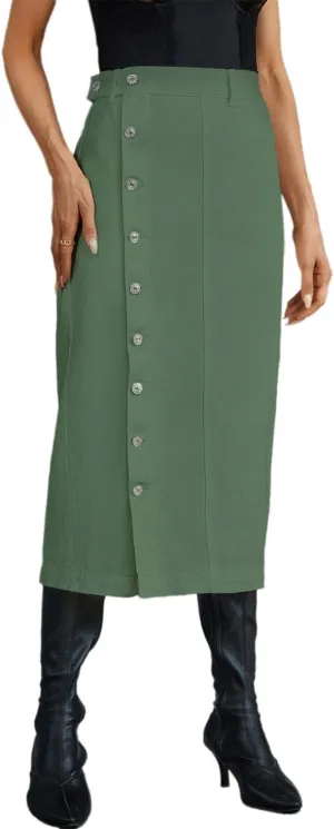 Women's Casual Slit Denim Midi Jean Skirt Stretch High Waisted Button Up Dress